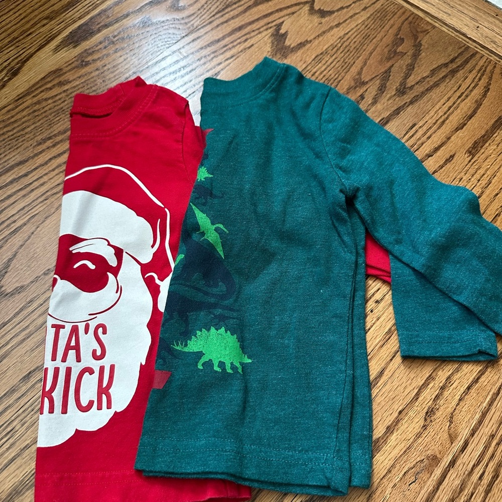 Cat & Jack Red Santa and Green Dinosaur Long Sleeve Tees